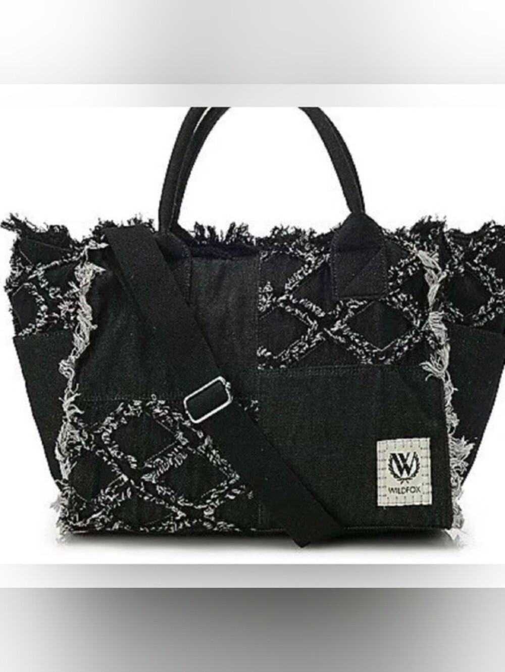Wildfox Black Denim Patchwork Frayed Tote Bag Crossbody